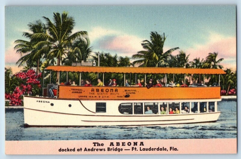 Ft. Lauderdale Florida FL Postcard Abeona Docked Andrews Bridge c1940's Vintage