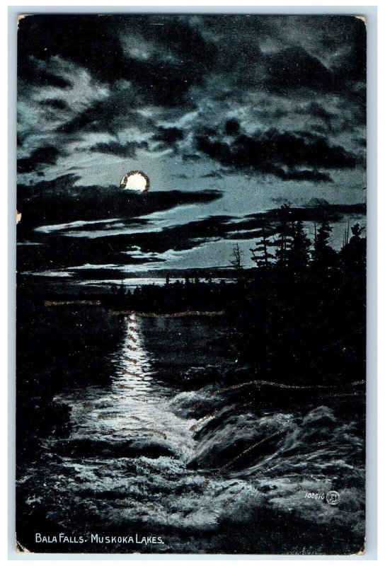 c1910 Moonlight in Muskoka Lakes Bala Falls Ontario Canada Antique Postcard