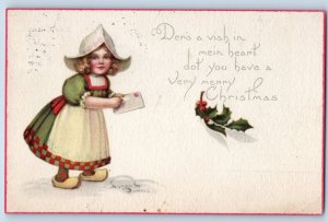Signed Artist Postcard Christmas Dutch Girl And Holly Berries Gaston Oregon OR
