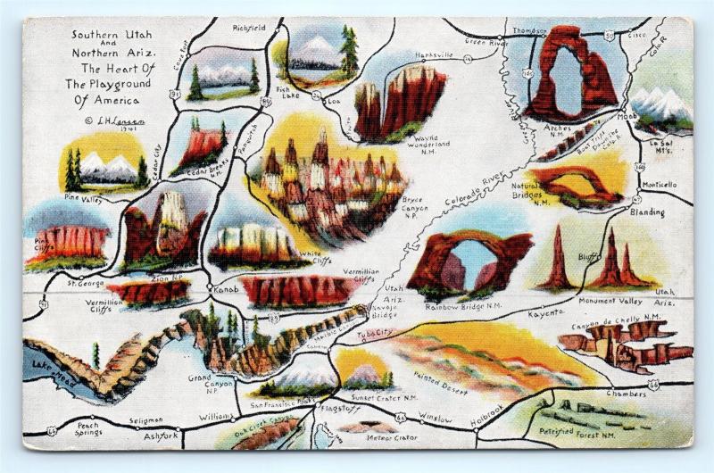 Postcard UT AZ Southern Utah Northern Arizona Map Monuments Parks  1941 H11