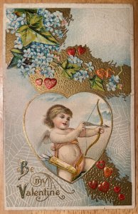 Vintage Victorian Postcard 1914 Be My Valentine - Golden Cupid in Heart