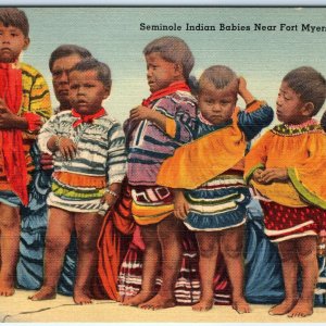 c1940s Fort Myers, FL Seminole Indian Babies Child Postcard Native Fashion A117