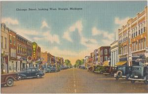 Michigan MI Postcard Linen STURGIS Chicago Street Stores Cars