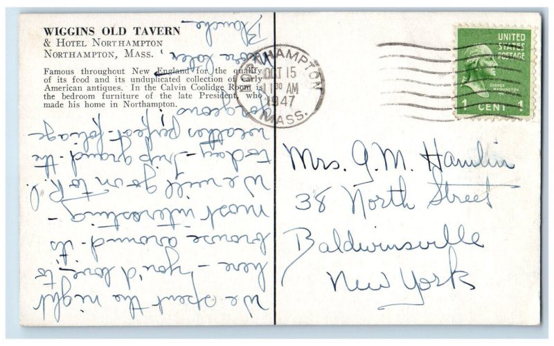 1947 Wiggins Old Tavern & Hotel Northampton Massachusetts MA Postcard