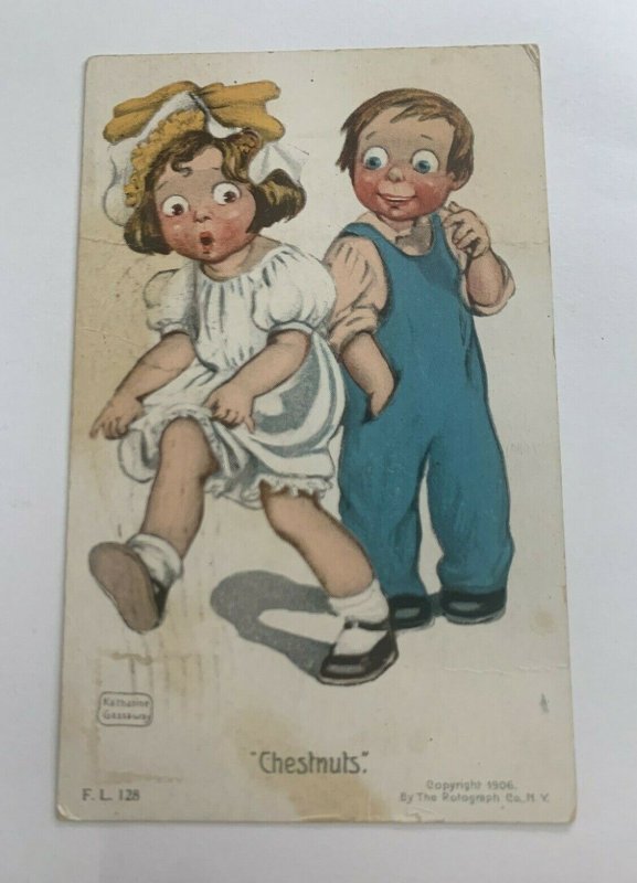 Vintage Artist Signed Postcard  CHESTNUTS  CHILDREN POSTED 1909 GASSAWAY