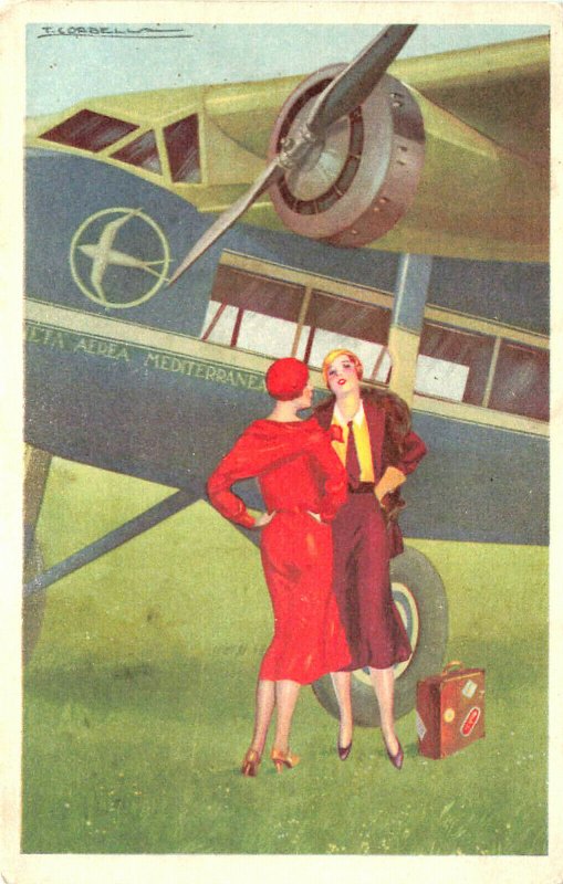 Mediterranean Aviation Society Two Fashionable Women Airplane Italian Postcard