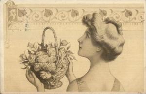 Art Nouveau - Beautiful Woman Basket of Roses S Hildesheimer & Co Postcard