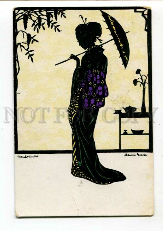 3109395 Japan GEISHA Umbrella ART NOUVEAU Silhouette Vintage PC