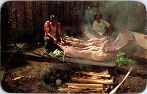 Postcard Luau Preparations Pig Roast Imu (Oven) HI Hawaii