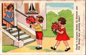 Girls Giving Flowers Vintage Postcard 02.75