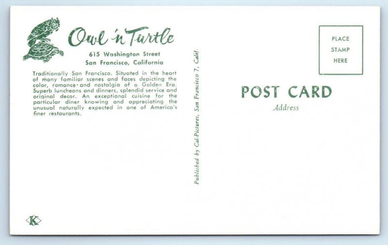 SAN FRANCISCO, California CA ~ OWL 'n TURTLE Restaurant Interior c1960s Postcard