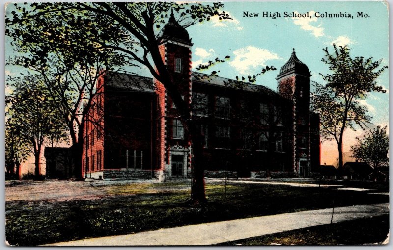 1919 New High School Columbia Missouri MO Campus Roadway Posted Postcard