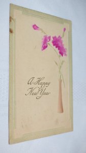 A Happy New Year Pink Flowers in Vase Embossed Postcard Paul Finkenrath Berlin