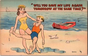 Vintage Postcard Comic Sexy Woman Beach Ji12