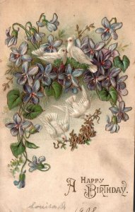 Vintage Postcard 1910's Happy Birthday Greetings Card White Birds Flowers Blooms