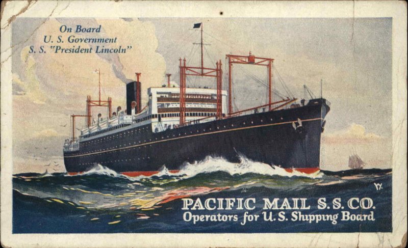Steamship Ship Pacific Mail SS Co SS President Lincoln Japanese Cancels Postcard