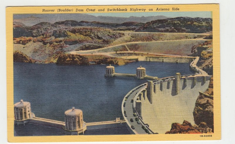 P2197 vintage postcard hover dam crest & switchback highway on arizona side