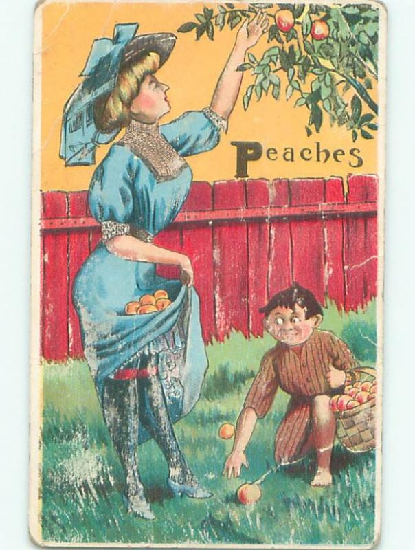 Pre-Linen Risque BOY LOOKS UP SKIRT OF WOMAN PICKING PEACHES AB6061