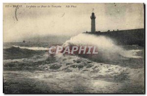 Old Postcard Lighthouse Brest pier one day storm