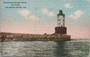 Postcard Breakwater & Light house San Pedro Los Angeles Harbor CA