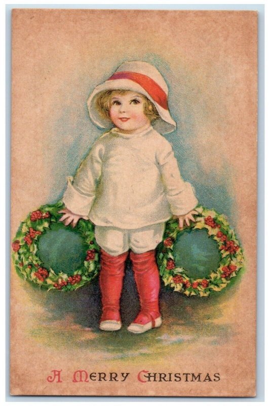 c1910's Merry Christmas Girl Holding Whreat Berries Posted Antique Wolf Postcard