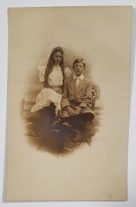 RPPC Sister Brother Portrait Girl Long Hair Faux Nautical Backdrop Postcard B22