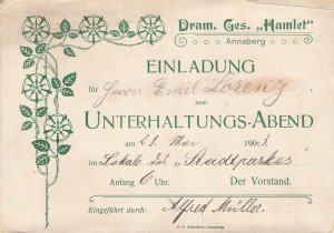 ANNABERG GERMANY~ARTIST EMIL LORENZ-1903 INVITATION EINLADUNG UNTERHALTUNGSABEND