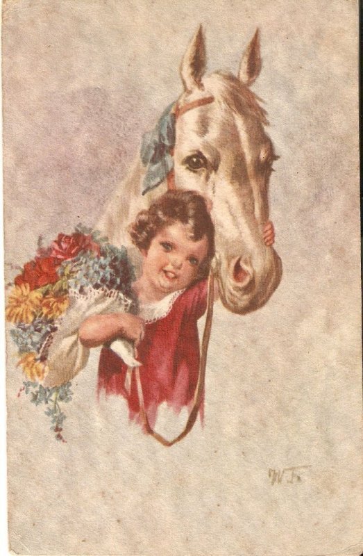 Little girl with her horse. Flowers Old vintage French, artist signed,  PC