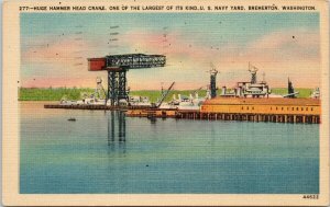 Bremerton WA Huge Hammer Head Crane US Navy Yard c1948 Linen Postcard E98