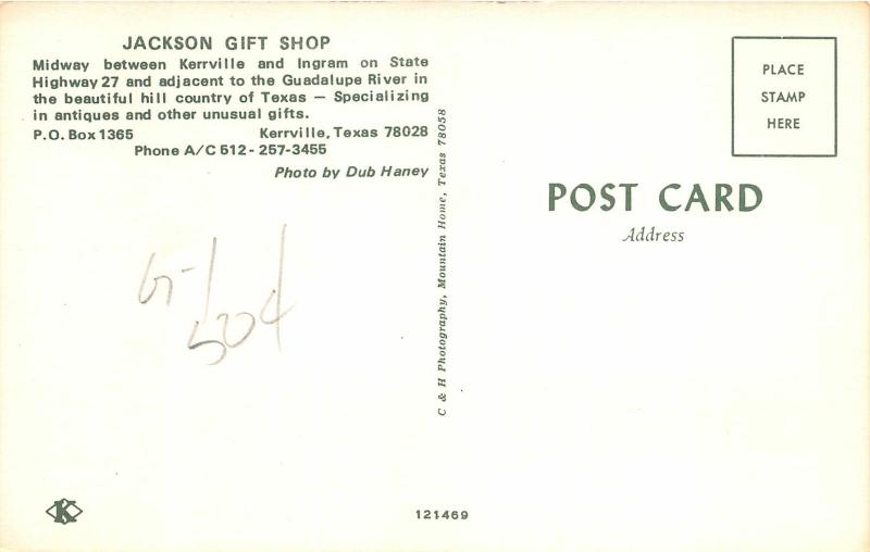 F14/ Kerrville Texas Postcard Chrome Antique Shop Jackson's