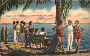 Miami Florida FL Bathing Beauty Girls Fishing Linen Vintage Postcard