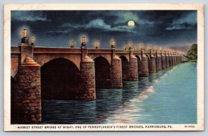 Harrisburg Pennsylvania~Market St Bridge~Night~Lamps~Moon~1940s Linen Postcard
