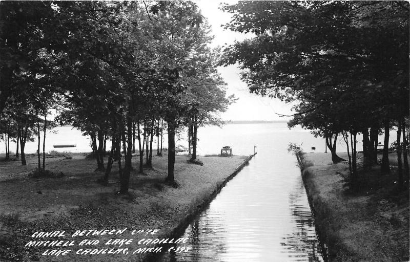 Lake Cadillac-Mitchell Michigan~Canal Leading to Lake~Swimmers/Boats~1940s RPPC