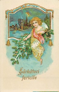 Cupid angel fantasy winter seasonal greetings postcard Sarbatori fericite