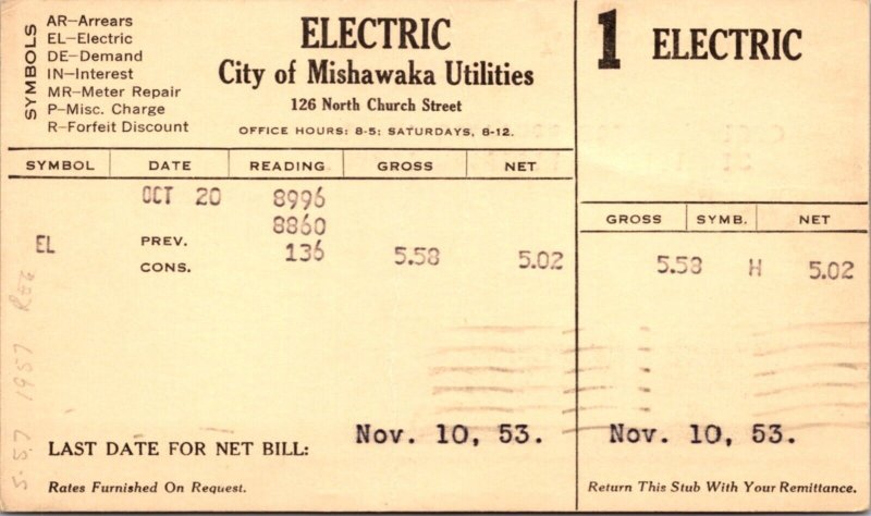 Postcard City of Mishawaka Utilities Electric Bill in Mishawaka, Indiana 