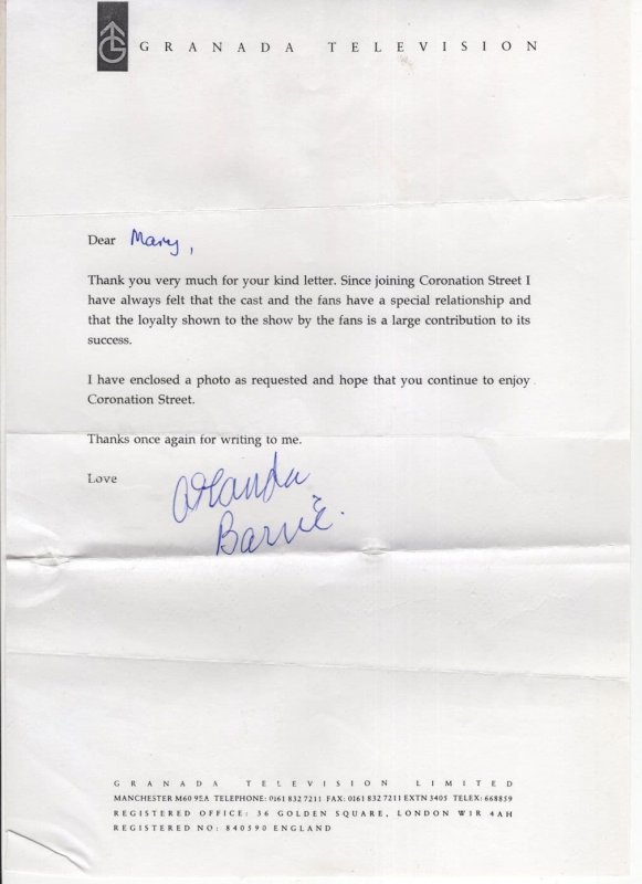 Amanda Barrie Folded Granada TV Coronation Street Hand Signed Letter