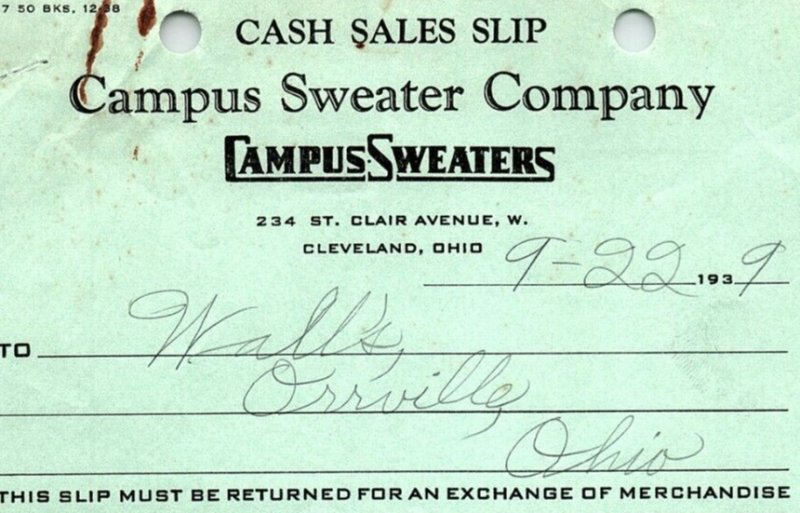 1939 CAMPUS SWEATER COMPANY CLEVELAND OH WALL'S ORRVILLE BILLHEAD CASH SLIP Z996