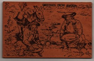 Vintage 1940's Postcard Greetings From Alaska - Gold Miners Donkey - Wood Card