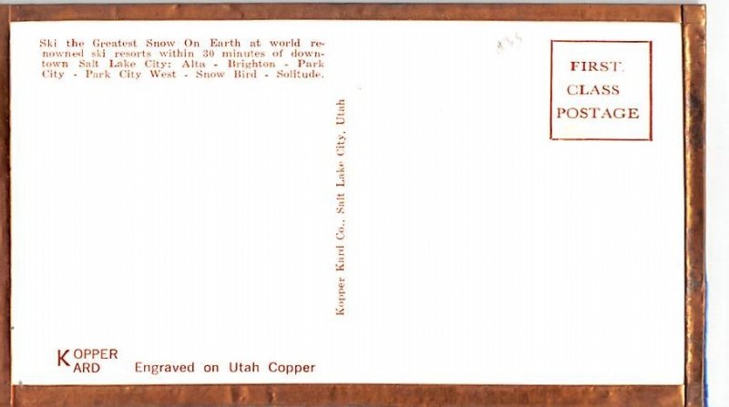 Copper Post Card Ski Utah Engraved Copper Unused