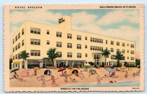 HOLLYWOOD BEACH, Florida FL ~ Roadside HOTEL SHELDON on Ocean c1940s Postcard