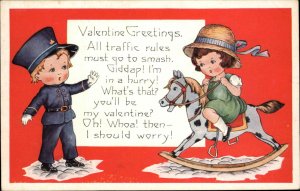 Whitney Valentine Little Boy Traffic Cop Girl on Rocking Horse Vintage Postcard