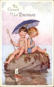 Hester Margetson Birthday Little Boy and Girl Beach Umbrella Vintage Postcard