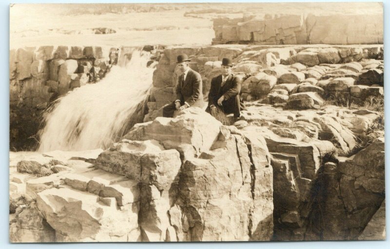 c1900s Waterfall Men in Suits RPPC Sit on Rocks Real Photo Postcard A1