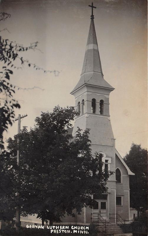 Preston Minnesota~German Lutheran Church~Cross on Steeple~c1920 Real Photo PC