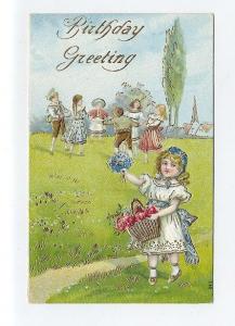 gr862 - Birthday greetings - young girl & children- embossed art - postcard