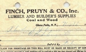 1924 GLENS FALLS NY FINCH PRUYN & CO LUMBER AND BUILDERS SUPPLIES BILLHEAD Z4207