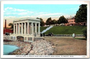 VINTAGE POSTCARD PORTICO OVER PLYMOUTH ROCK AND PLYMOUTH ROCK HOUSE MASS 1920s