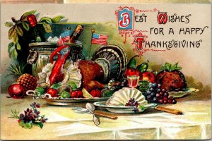 Vtg Best Wishes for a Happy Thanksgiving Turkey Dinner Embossed 1910s Postcard