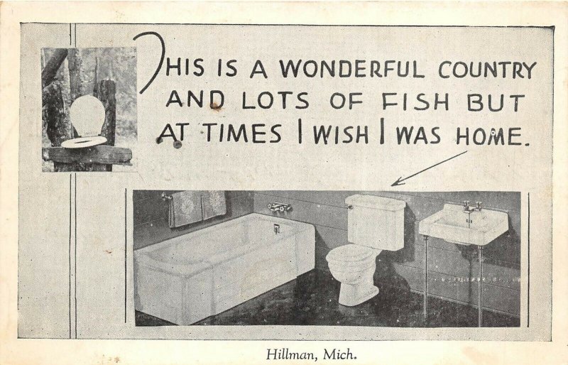 Hillman Michigan 1946 Greetings Postcard Rustic vs Modern Bathroom Toilet