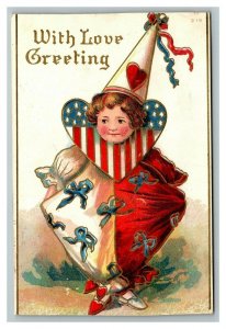 Vintage 1912 Greetings Postcard Cute Girl Clown Patriotic Clothing Gold Border